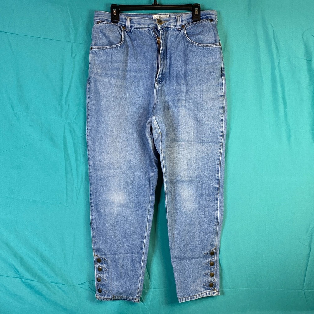 STEFANO Womens Light Wash Denim Jeans Button High Rise Mom Ankle Cropped Size 16